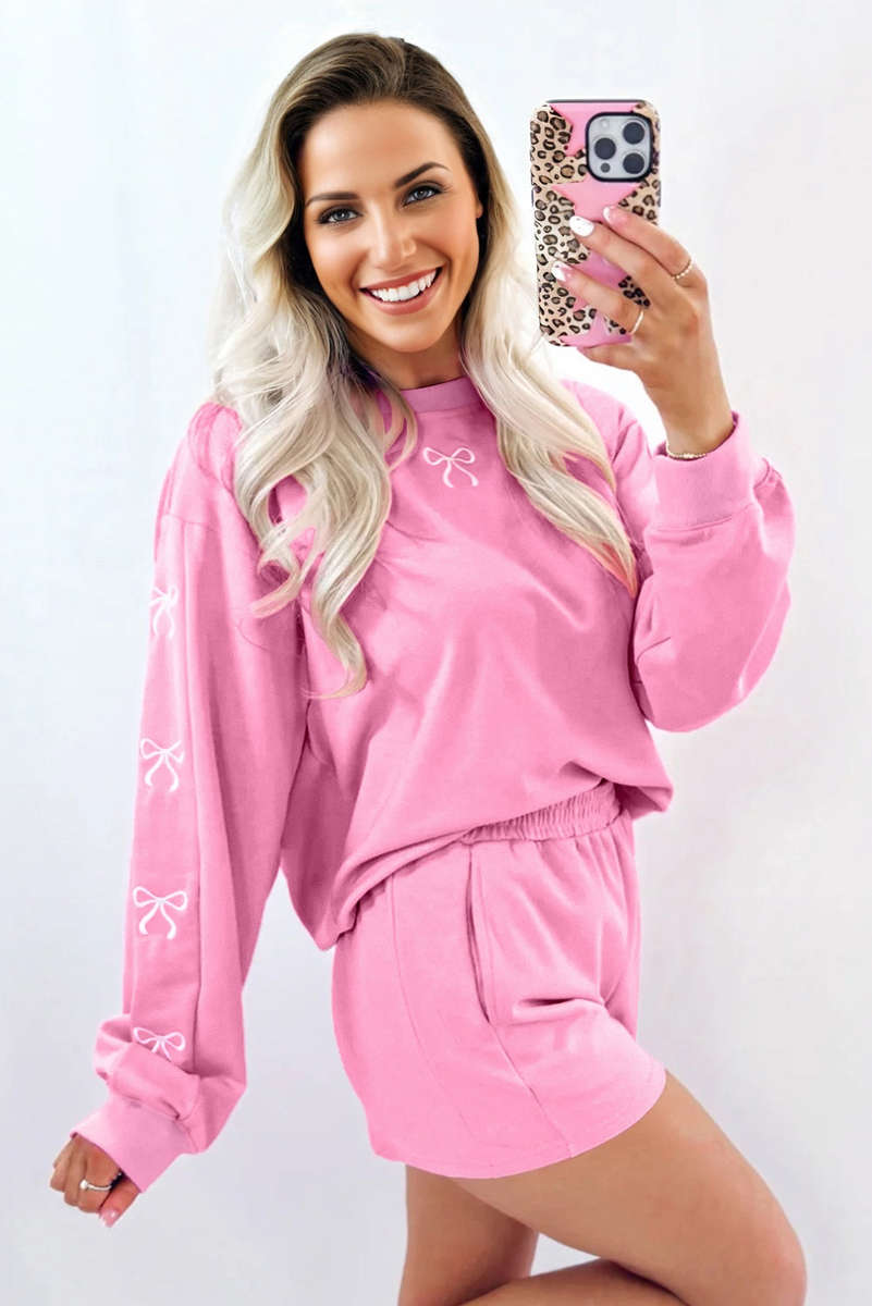 Sachet Pink Girly Bow Embroidered Detail Puff Sleeve Pullover 2pcs Short Set