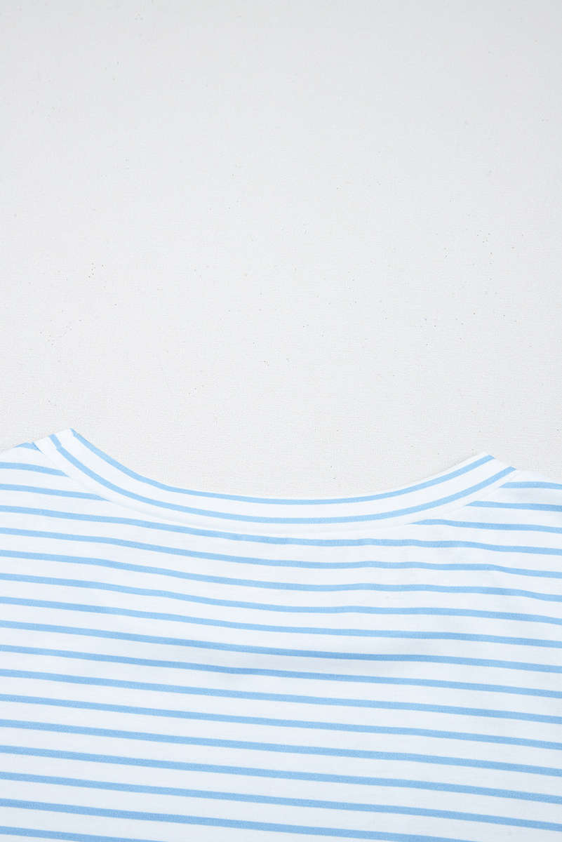 Sky Blue Stripe Floral Three Quarter Sleeves Patchwork Drop Shoulder Top