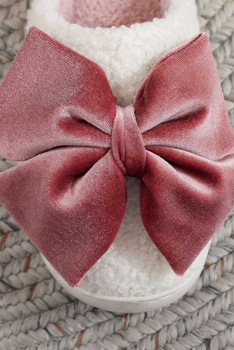 White Glister Ribbon Bow Decor Contrast Liner Plush Slippers