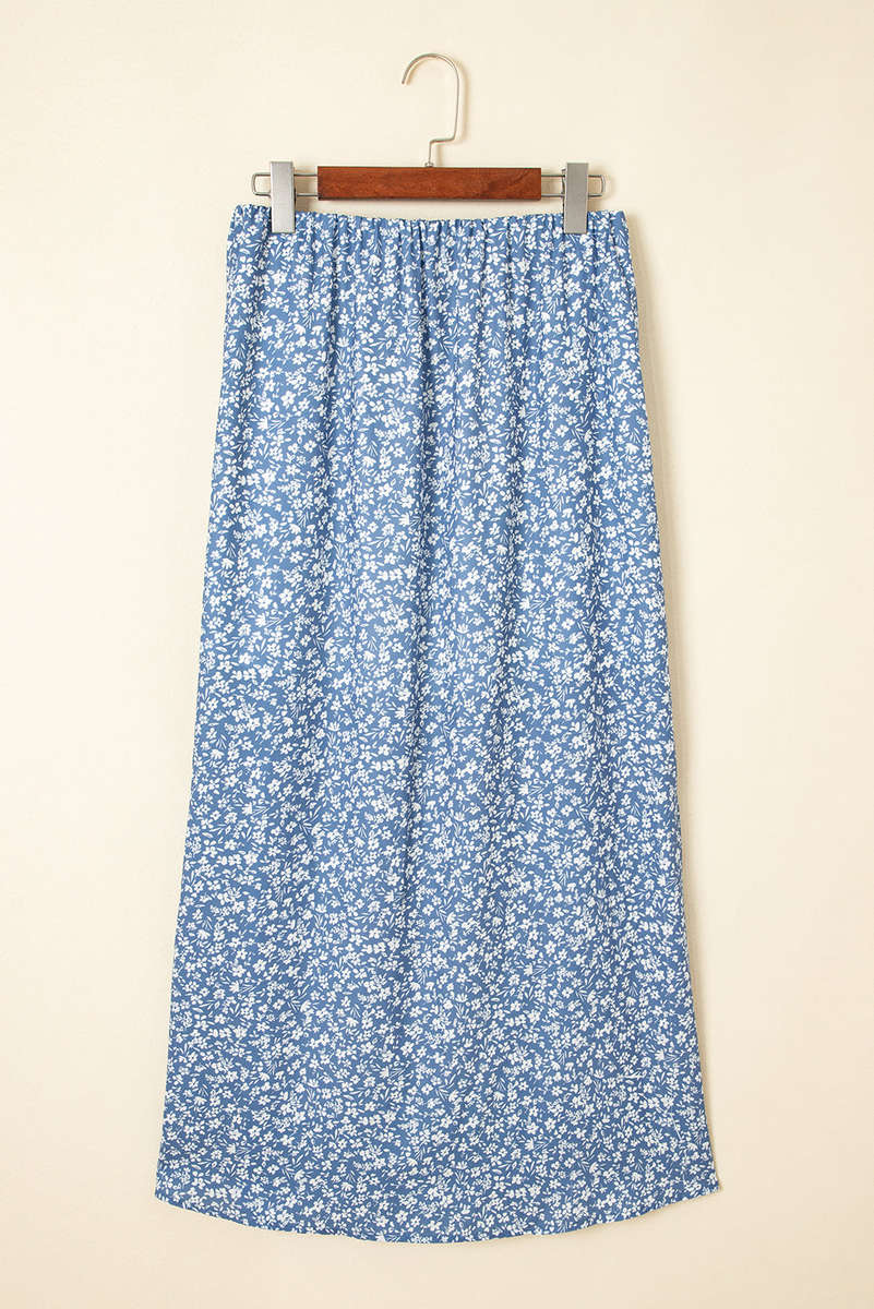 Sky Blue Boho Floral High Waist Long Skirt with Side Split