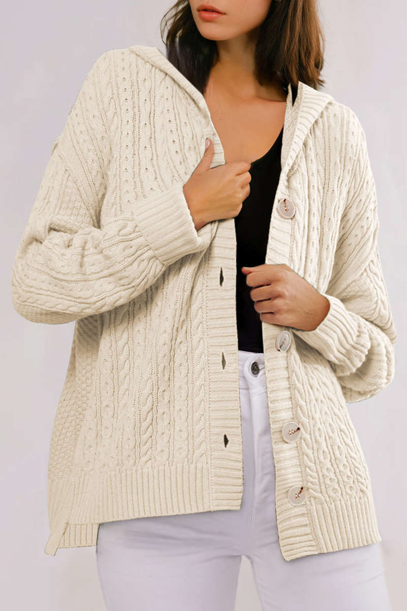 White Cable Knit Texture Uneven Hem Hooded Chic Cardigan