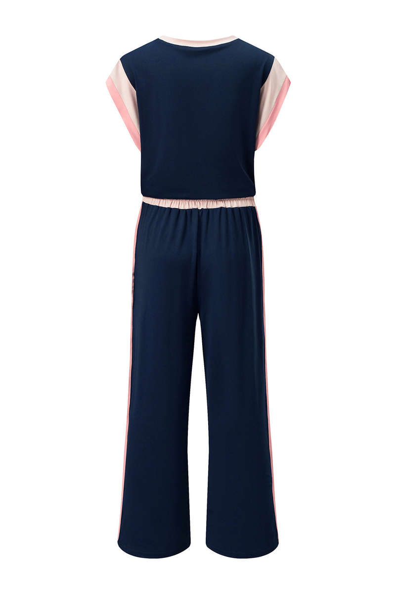 Navy Blue Color Block Detail Casual Two-piece Set