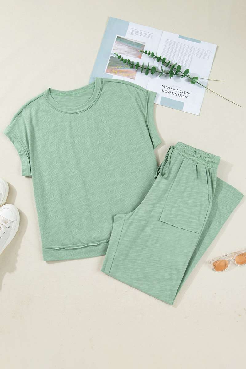 Canton Cuffed Short Sleeve Tee Raw Seam Patch Pocket Drawstring Pants Set