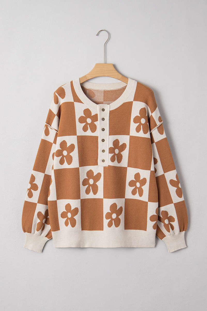 Thai Curry Flower Plaid Henley Baggy Sweater
