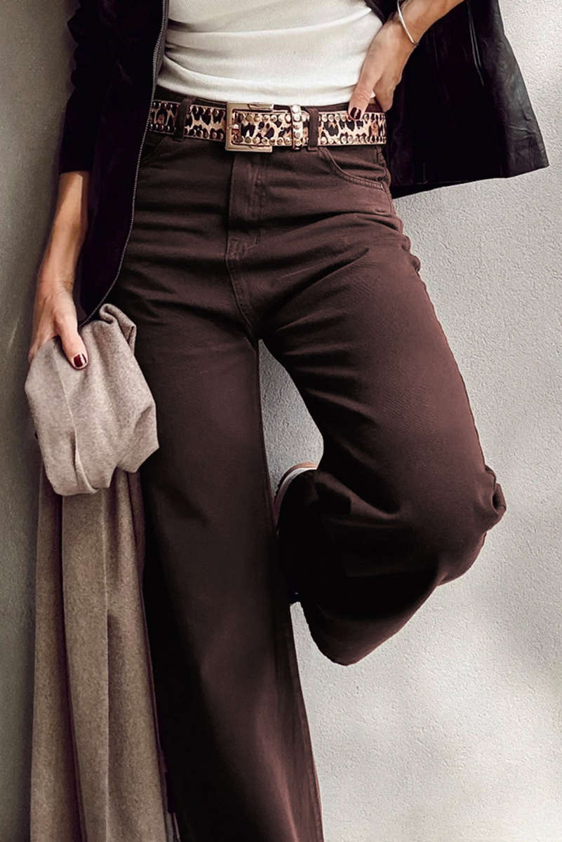 Coffee Loose Straight High Waist Solid Color Jeans