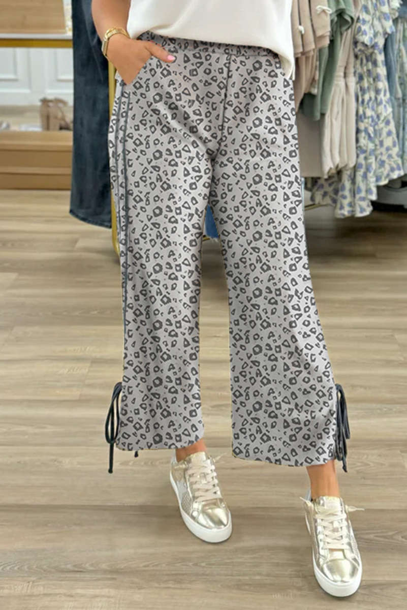 Gray Leopard High Waist Side Bow Straight Leg