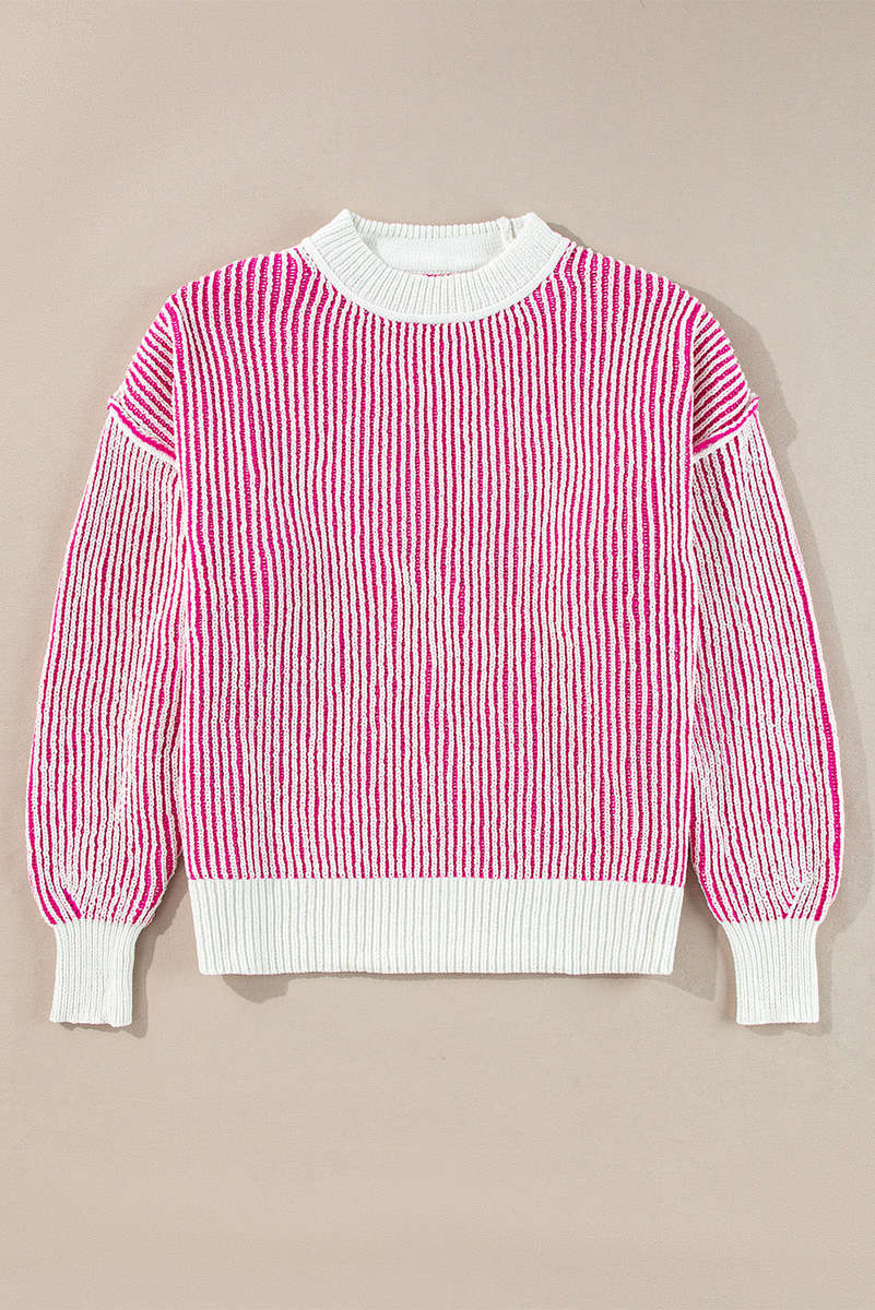 Bright Pink Striped Textured Knit Contrast Edge Loose Sweater
