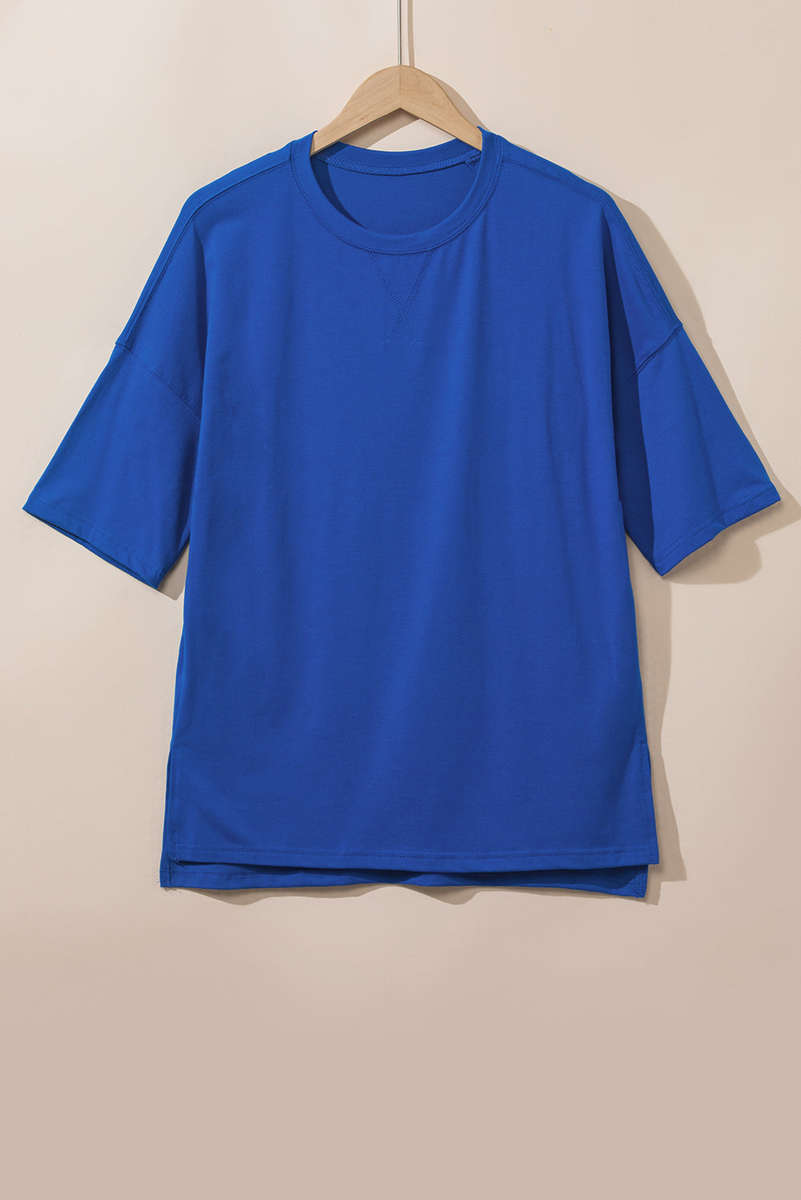 Dark Blue Longline Short Sleeve Side Slit Drop Shoulder Top