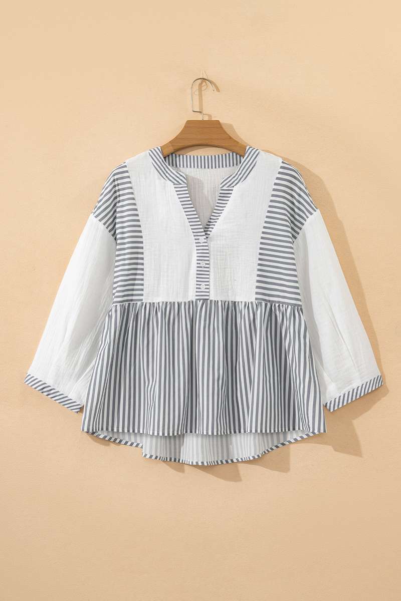 Gray Stripe Half Button Gauze Patchwork Bracelet Sleeve Babydoll Blouse