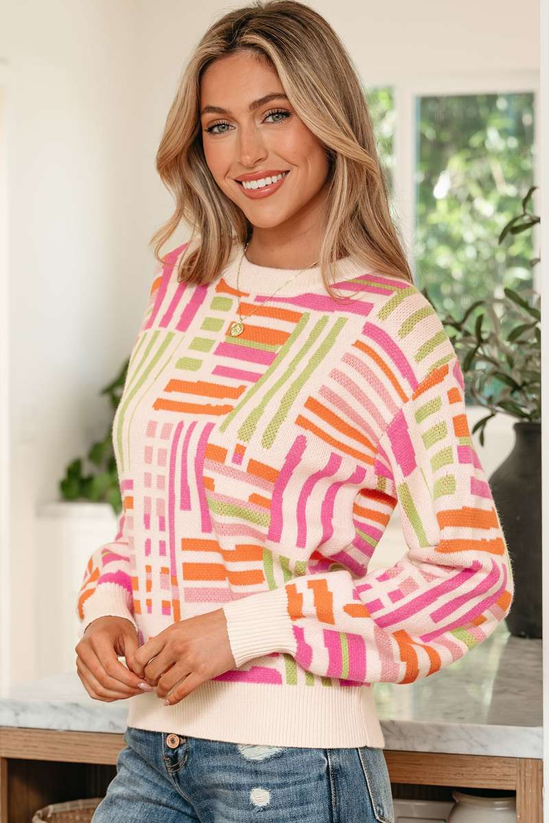 Rose Love Lines Pattern Crew Neck Puff Sleeve Sweater