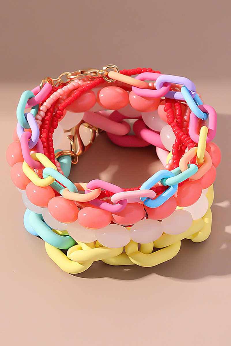 Pink Colorful Beaded Chain Link Layered Bracelet Set