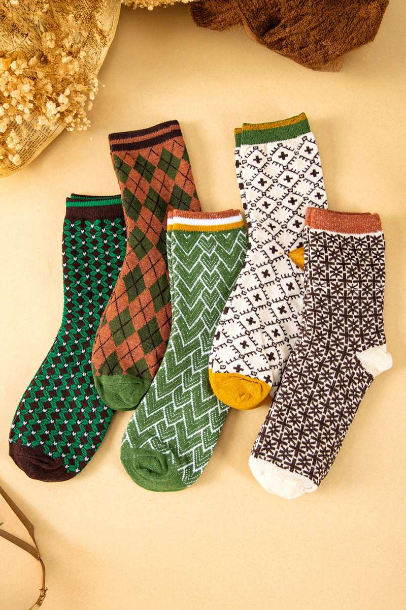 Guacamole Green 5 Pairs Retro Geometric Pattern Combed Cotton Socks Set