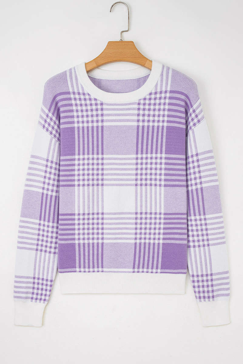 Lilac Plaid Print Ribbed Trim Loose Sweater