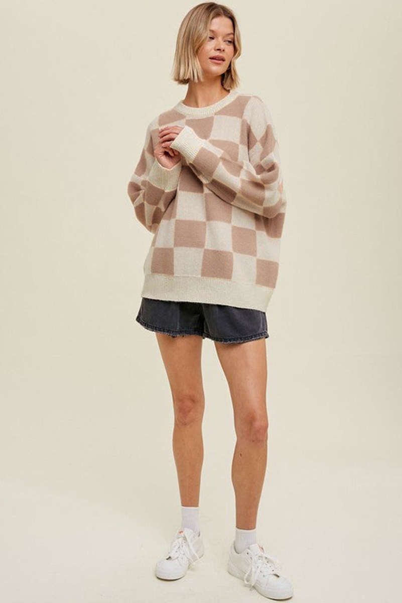 Parchment Checkered Pattern Ribbed Trim Knit Baggy Sweater