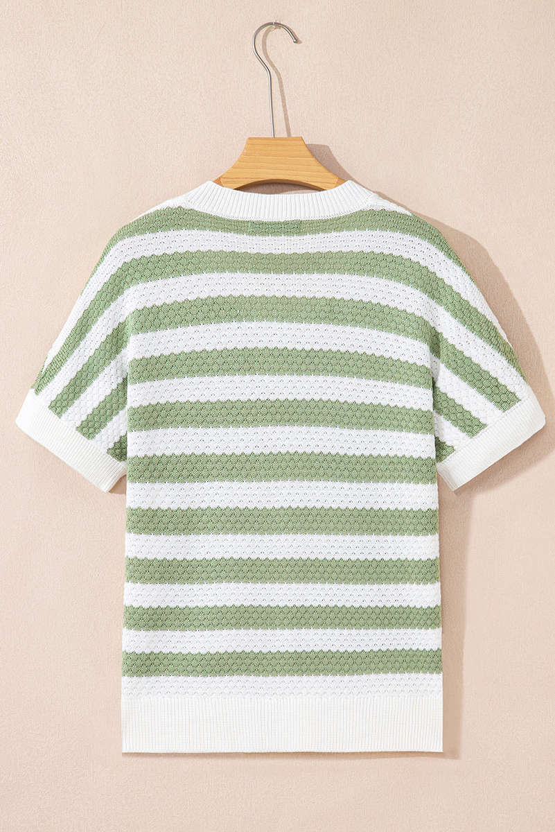 Green Stripe V Neck Short Sleeve Sweater with Side Slits