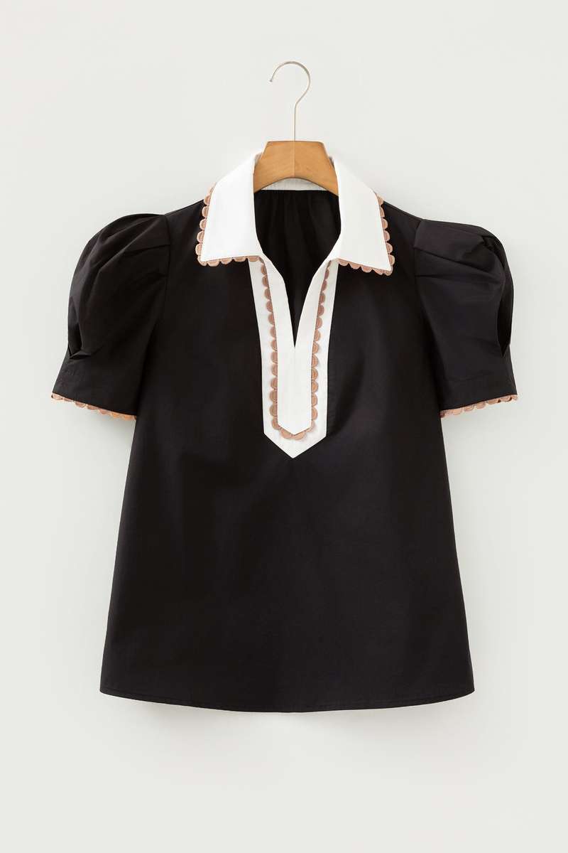 Black Ricrac Trim Color Block Patchwork Shirt Collar Short Sleeve Blouse