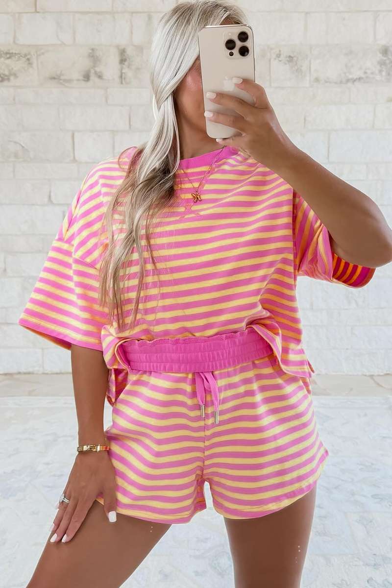 Rose Stripe Drop Shoulder Boxy Casual Terry Short Set