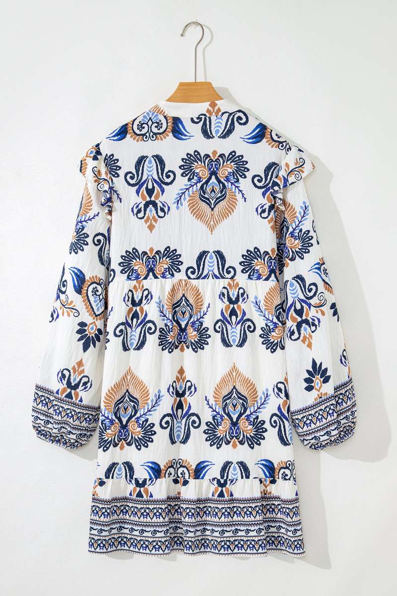 Sky Blue Plus Size Boho Print Split Neck Long Sleeve Mini Dress
