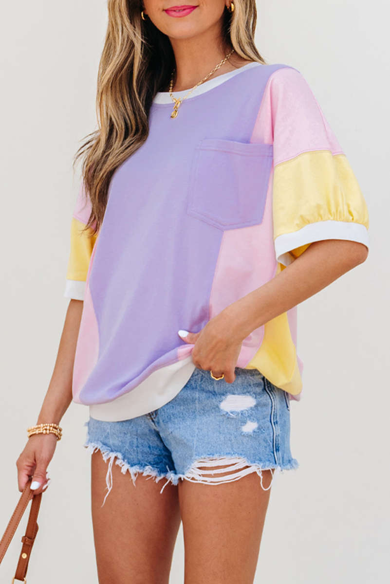 Purple Color Block Patchwork Half Sleeve Oversized T Shirt