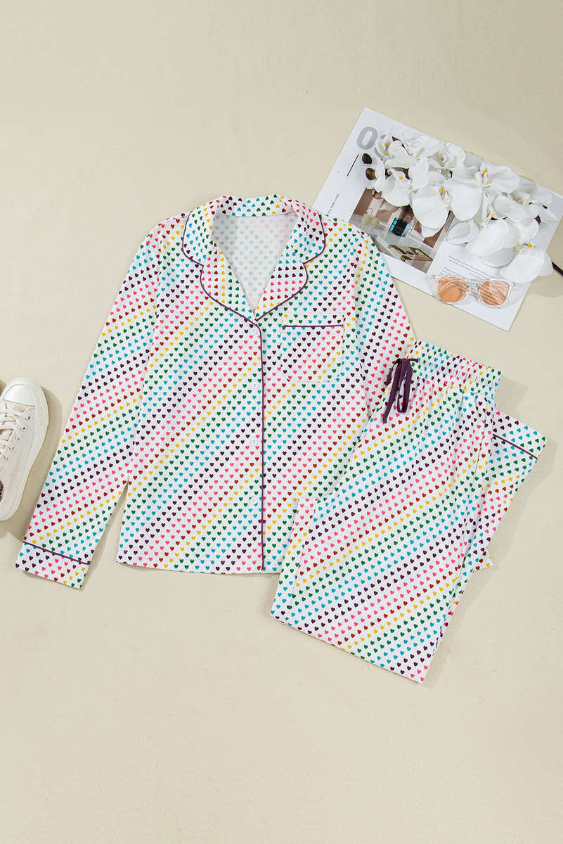White Pride Heart Print Valentines Long 2pcs Pajama Set