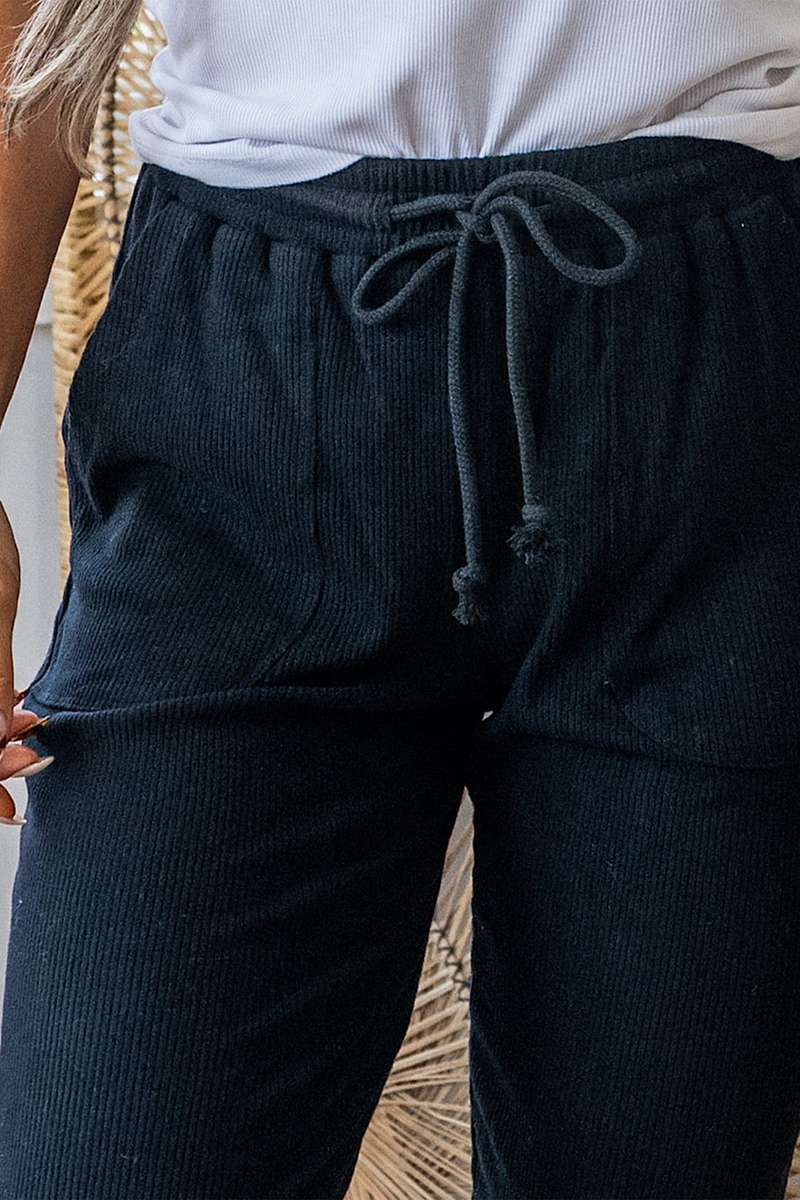 Black Ribbed Drawstring Active Jogger Pants