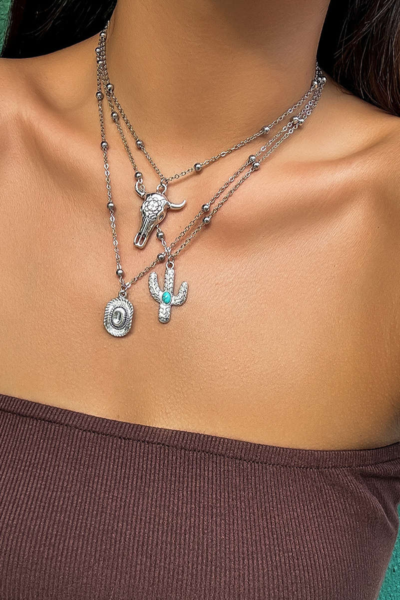 Silvery Western Steer Cactus Pendant Adjustable Multi Layer Necklace