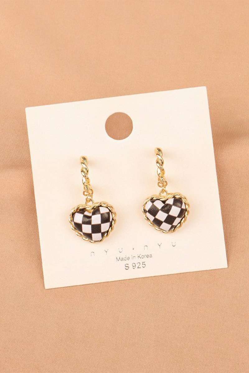 Black Checkered Heart Dangle Gold Plated Twisted Hoop Stud Earrings