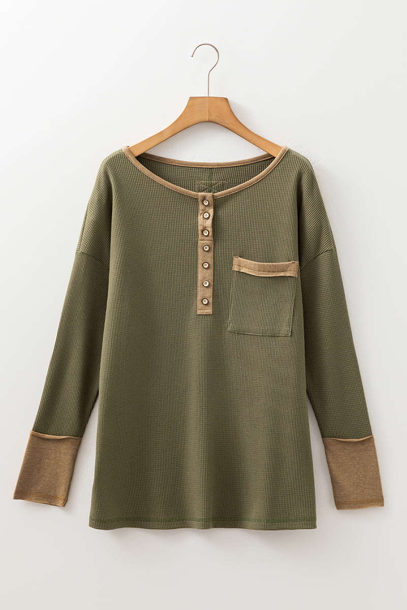 Vineyard Green Color Block Waffle Textured Tunic Henley Top with Slits