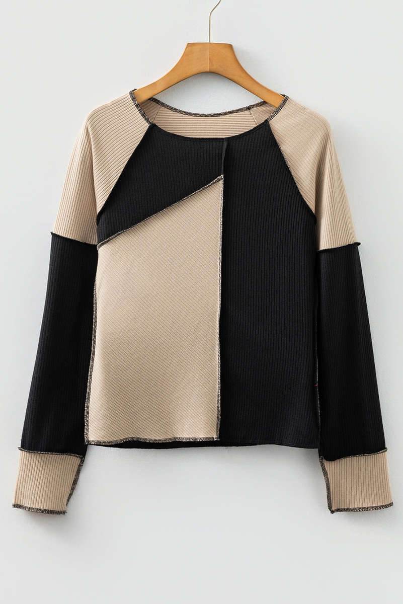 Multicolor Irregular Color Block Seaming Trim Rib Knit Top