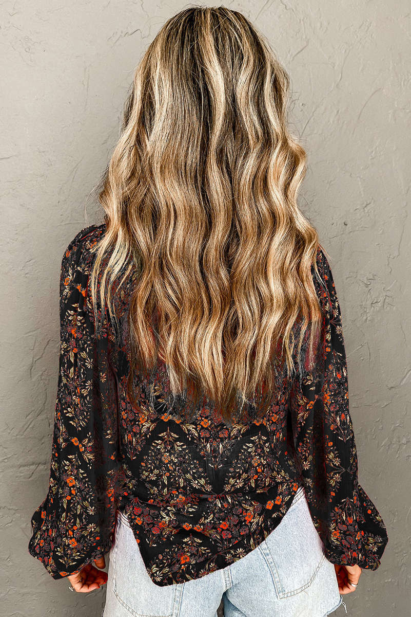 Black Strawberry Aesthetic Floral Puff Sleeve Shirt