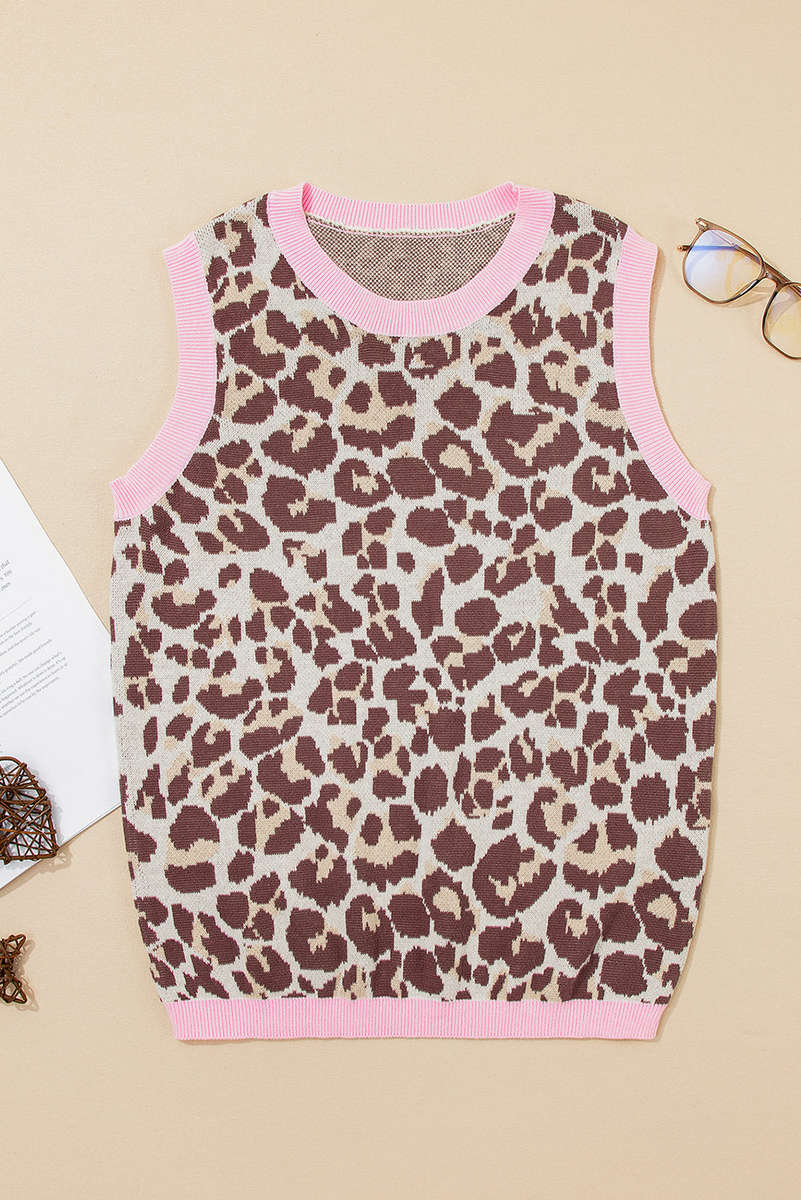 Brown Leopard Pattern Contrast Ribbed Trim Sweater Vest