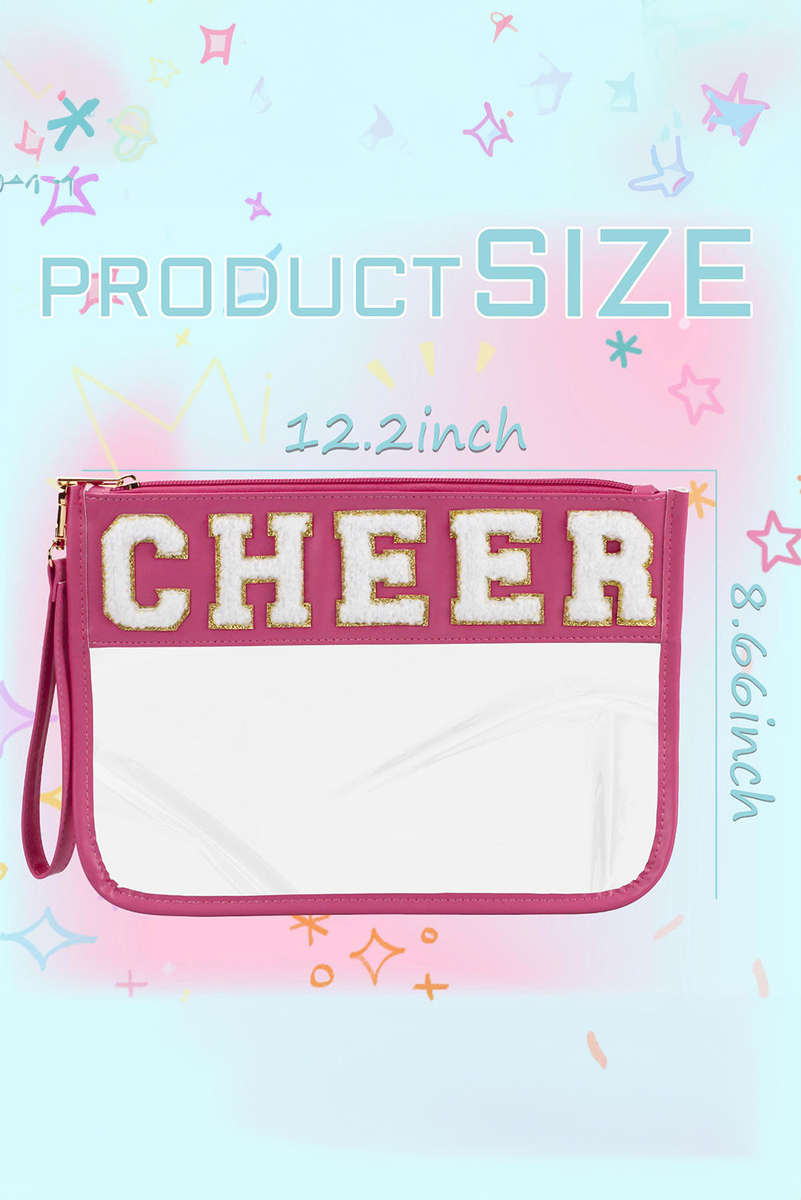 Bright Pink CHEER Chenille Letter PU Leather Patchwork Clear Makeup Bag