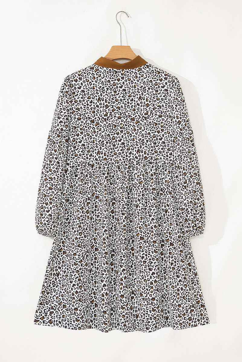 Khaki Plus Size Button V Neck Leopard Print Puff Sleeve Loose Mini Dress