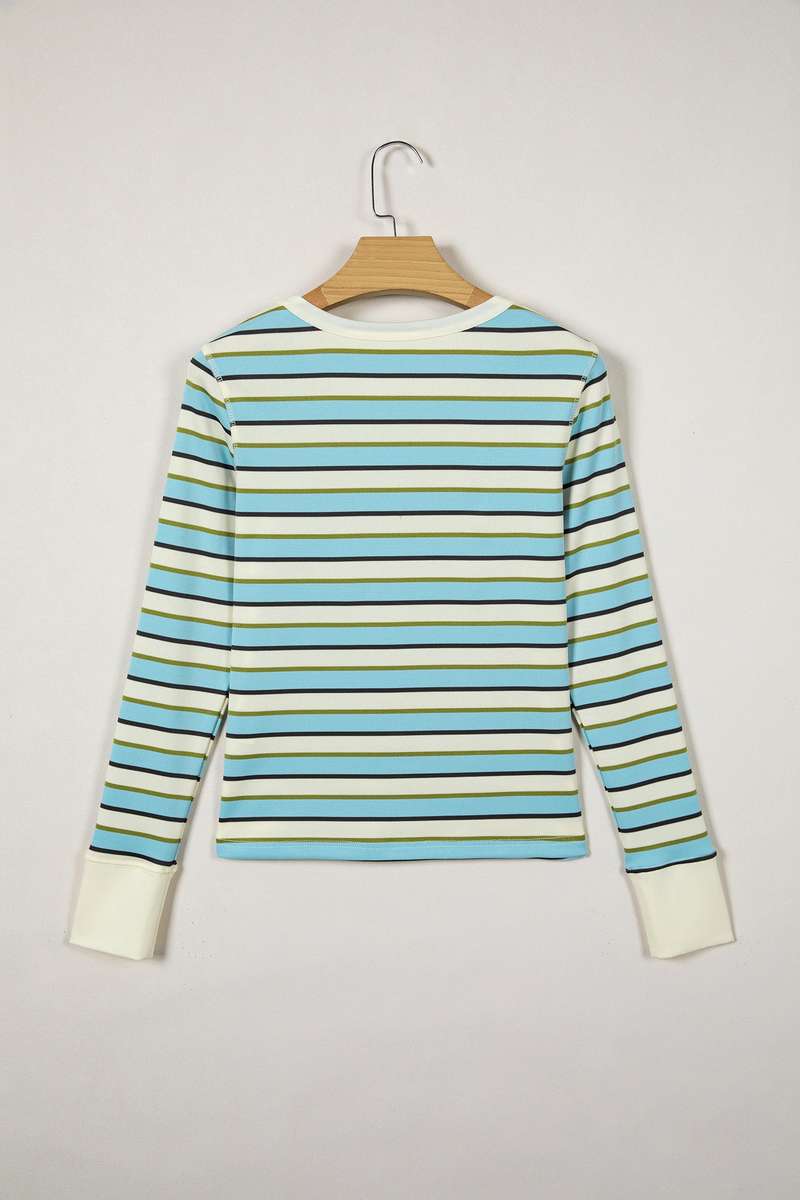 Multicolour Striped Round Neck Ribbed Knit Long Sleeve Top
