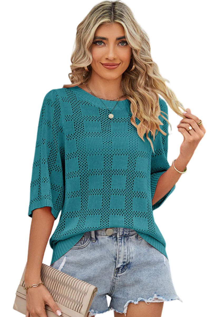 Skobeloff Plaid Pattern Crochet Knit Short Sleeve Sweater
