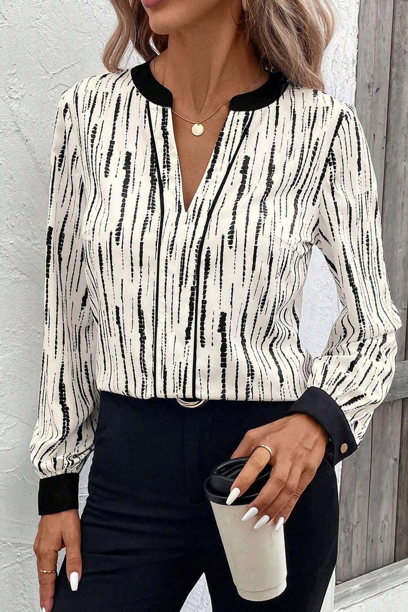 White Abstract Printed V Neck Fall Blouse