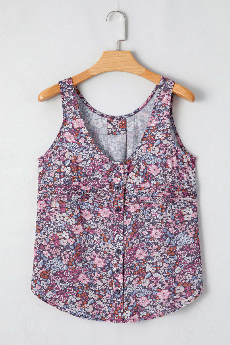 Yellow Boho Floral Pleated Buttoned Front Tank Top