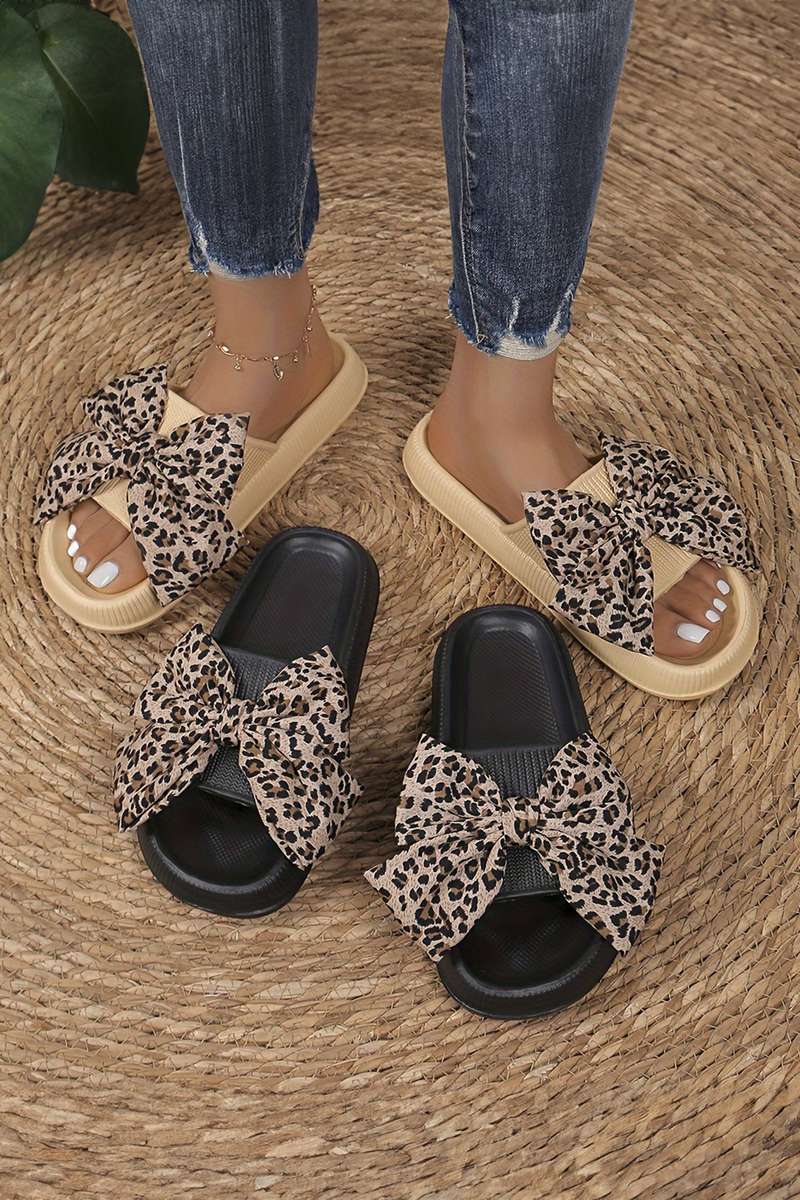 Khaki Contrast Leopard Bow Decor Casual Comfort Slippers