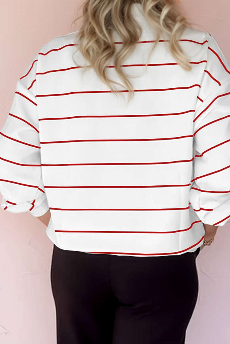 Fiery Red Zip V Neck Casual Stripe Print Drop Shoulder Long Sleeve Top