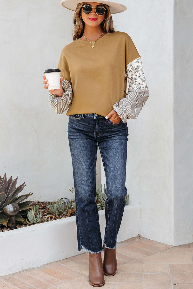 Camel Floral Striped Patchwork Ruffled Sleeve Crew Neck Sweatshirt