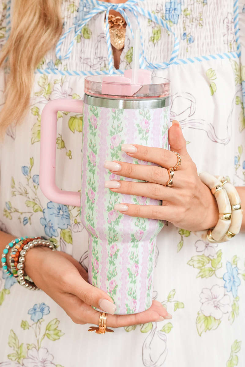 Pink Flower Print Large Insulated Tumbler with Handle 40oz