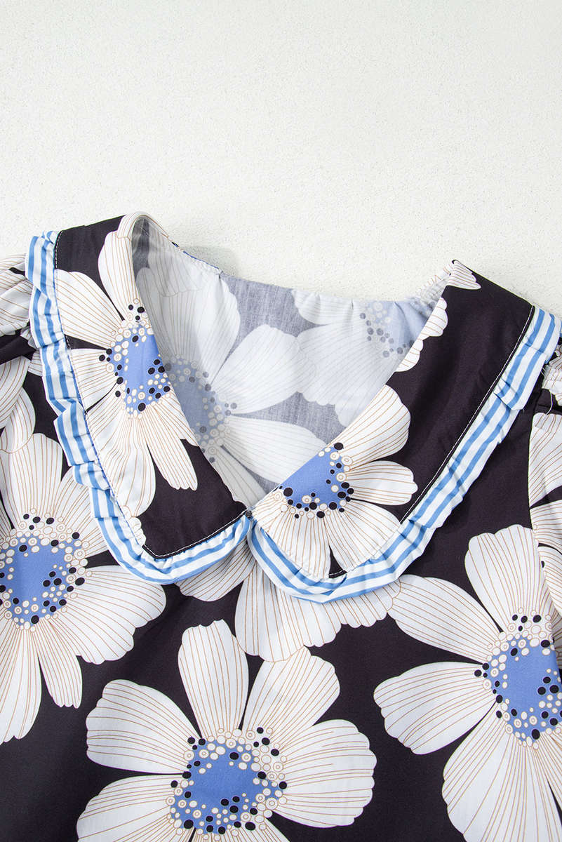 Black Floral Print Striped Tie Sleeve Collared V Neck Blouse