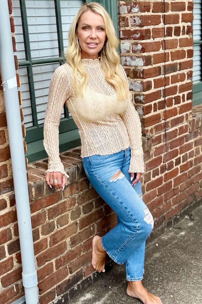 Apricot Flounced Long Sleeve Mock Neck Sheer Lace Top