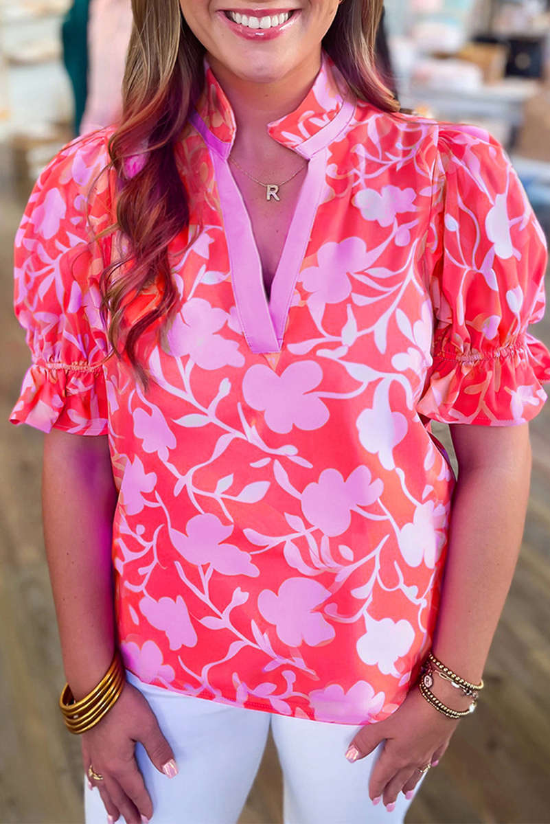 Red Floral Split V Neck Ruffled Short Sleeve Blouse Top