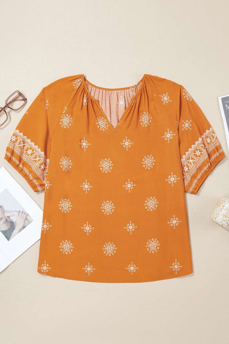 Yellow Boho Chic Notched V Neck Plus Floral Short Sleeve Top