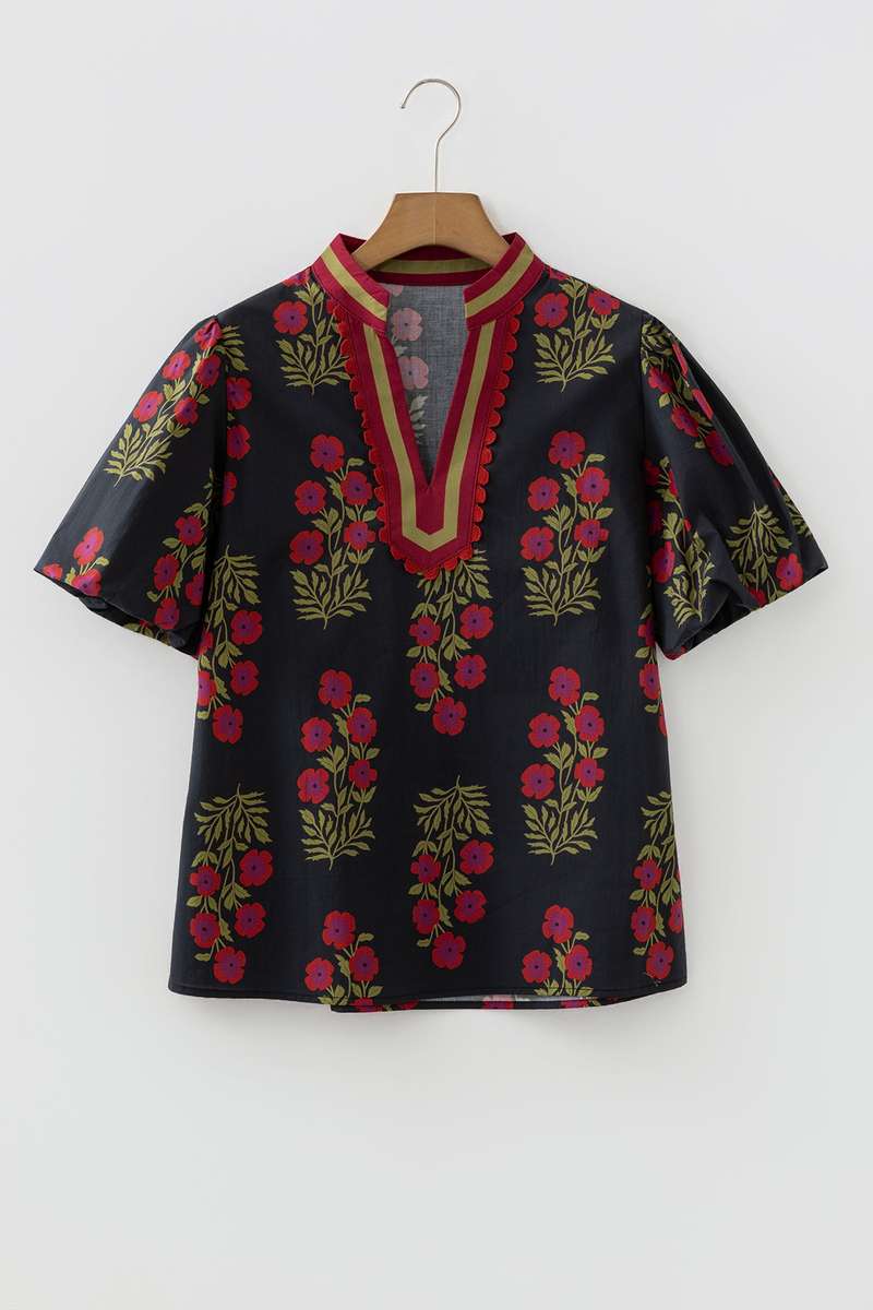 Black Floral Short Bubble Sleeve Contrast Slit Neckline Blouse