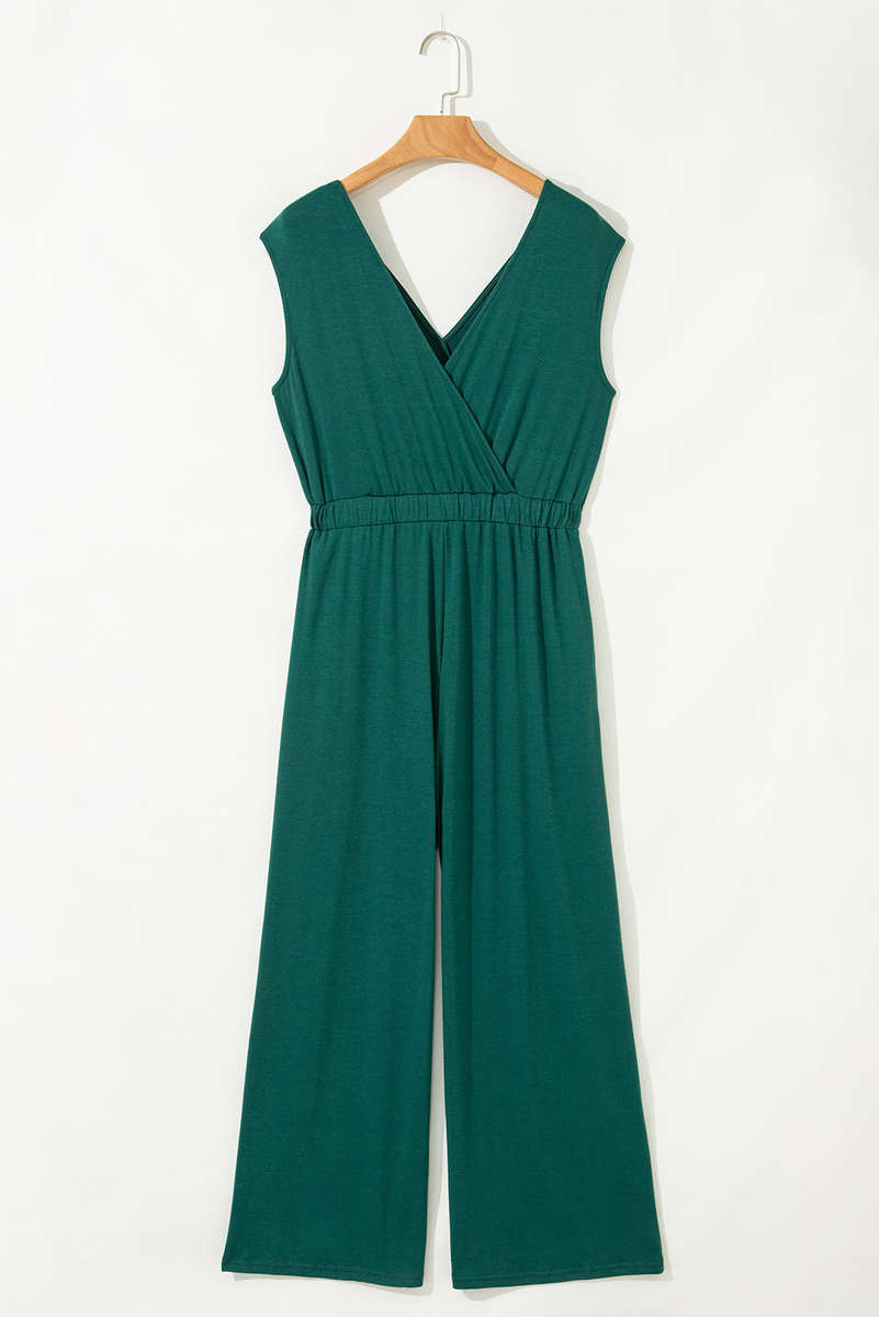 Blackish Green Deep V Pleated Crisscross Wide Leg Backless Jumpsuit
