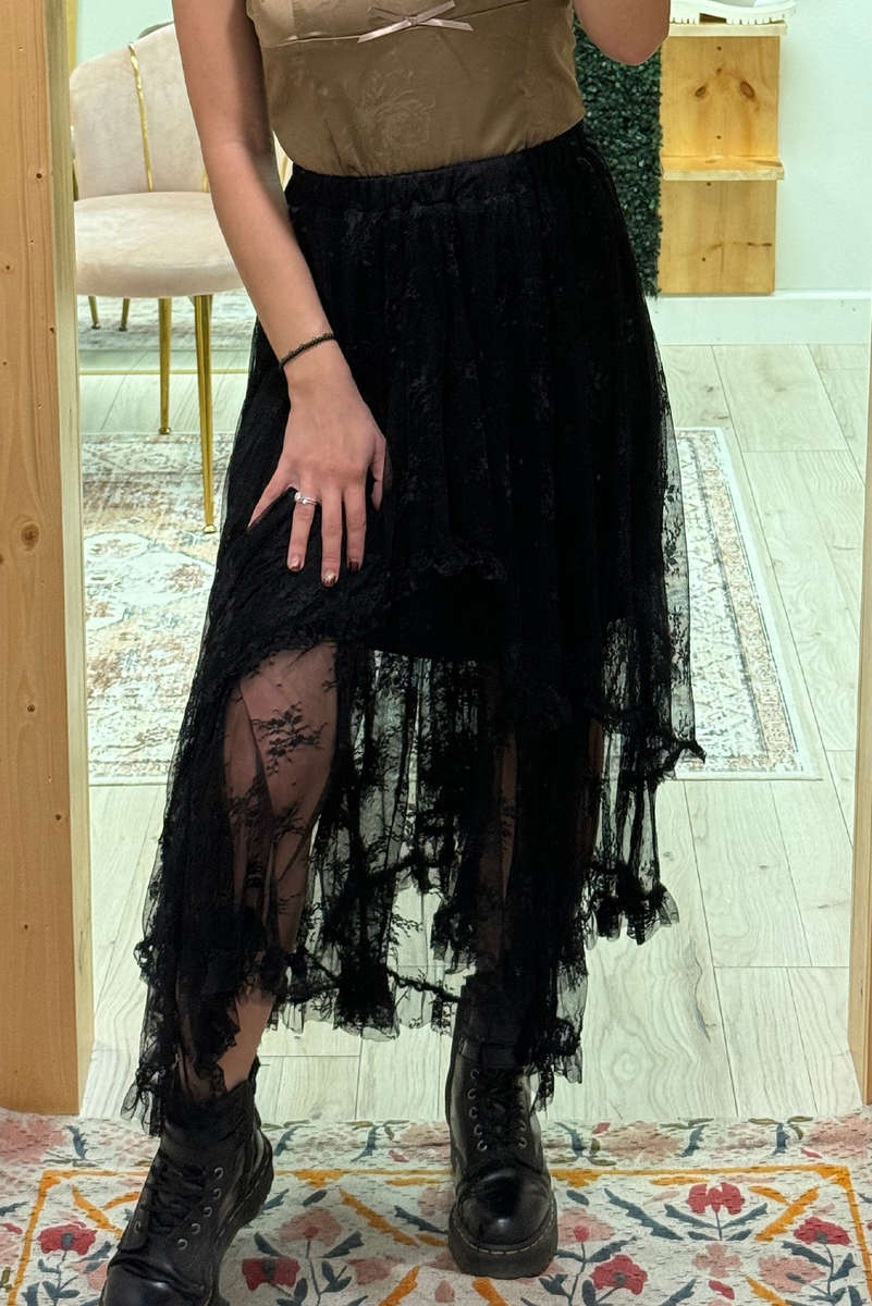 Black Lace Cascading Tiered High Waist Maxi Skirt