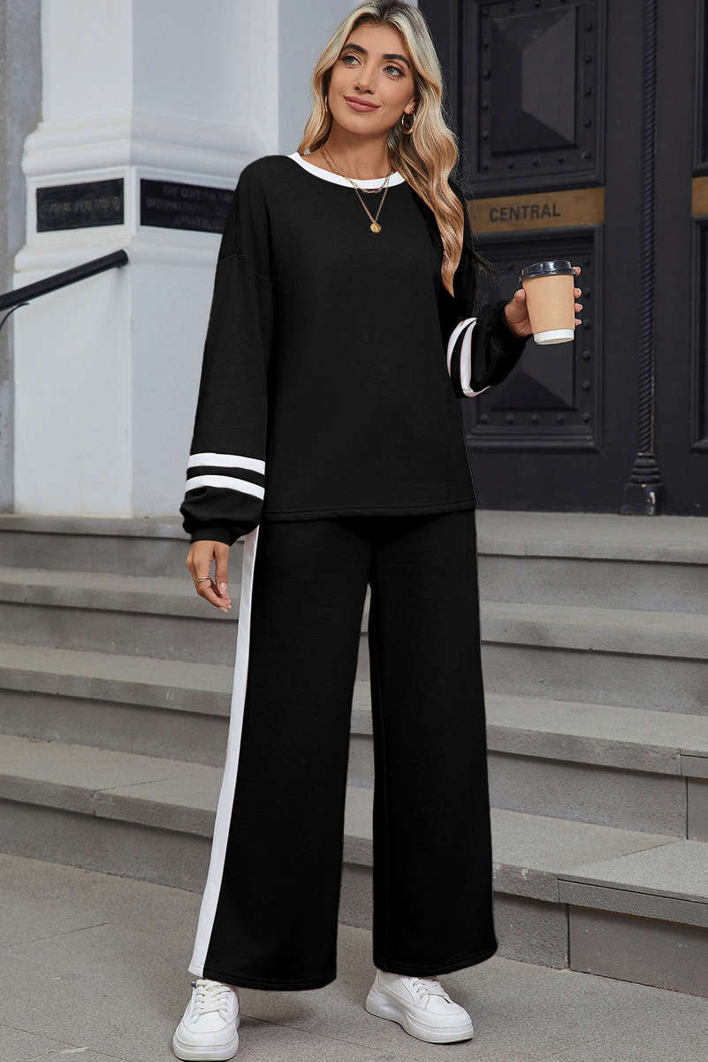Black Varsity Stripe Patchwork Puff Sleeve Pullover Drawstring Wide Leg Pant Set