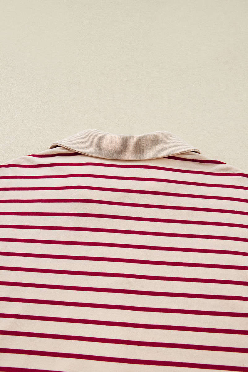 Red Stripe Cropped Collared Drop Shoulder Pullover and Bubble Mini Skirt Set